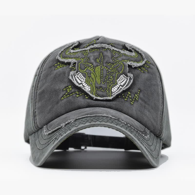 Vintage Street Style Embroidered Bull Washed Baseball Cap
