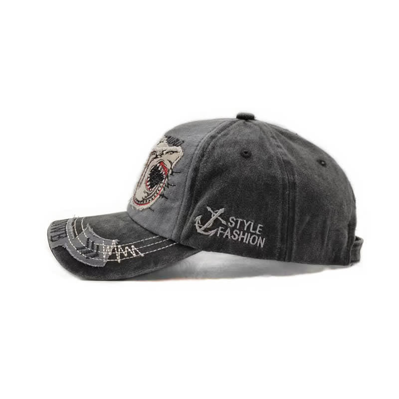 Shark Embroidered Retro Frayed Edge Washed Baseball Cap