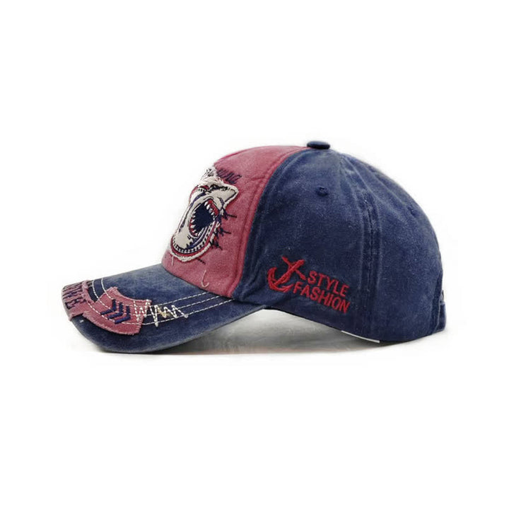 Shark Embroidered Retro Frayed Edge Washed Baseball Cap