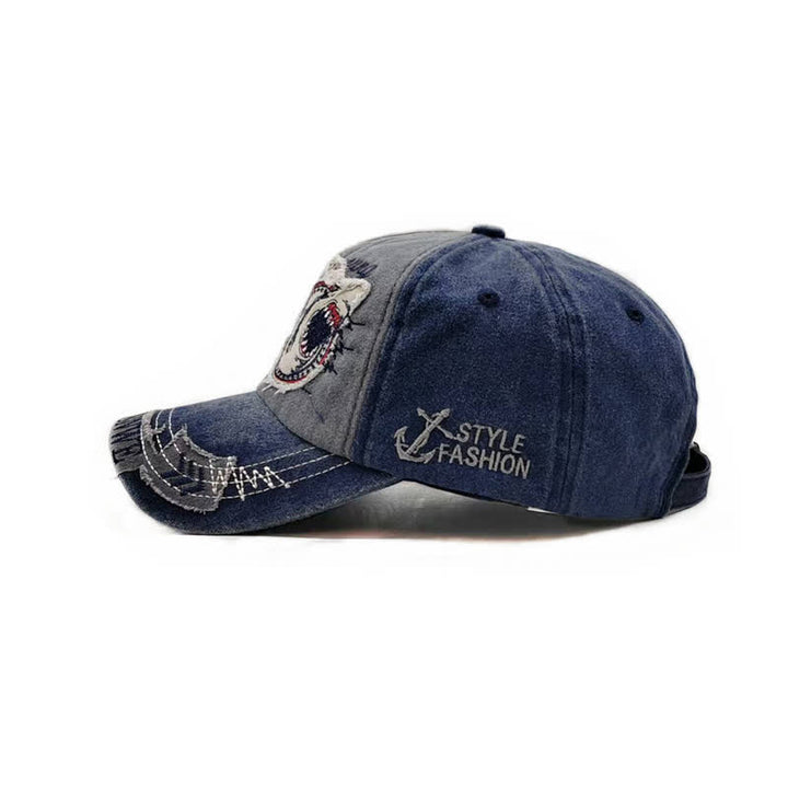 Shark Embroidered Retro Frayed Edge Washed Baseball Cap