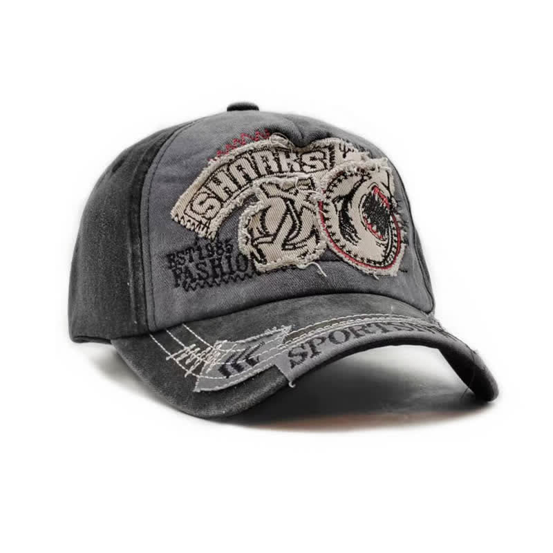 Shark Embroidered Retro Frayed Edge Washed Baseball Cap