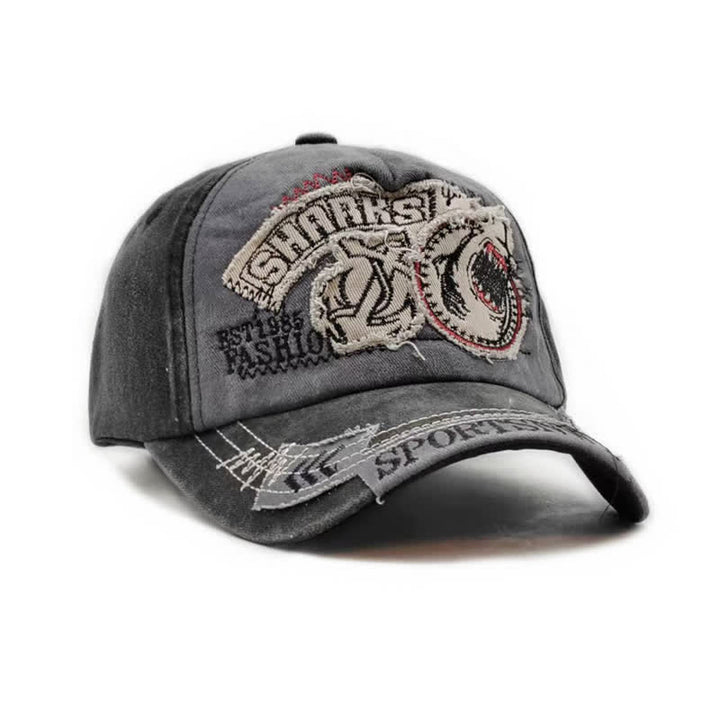Shark Embroidered Retro Frayed Edge Washed Baseball Cap