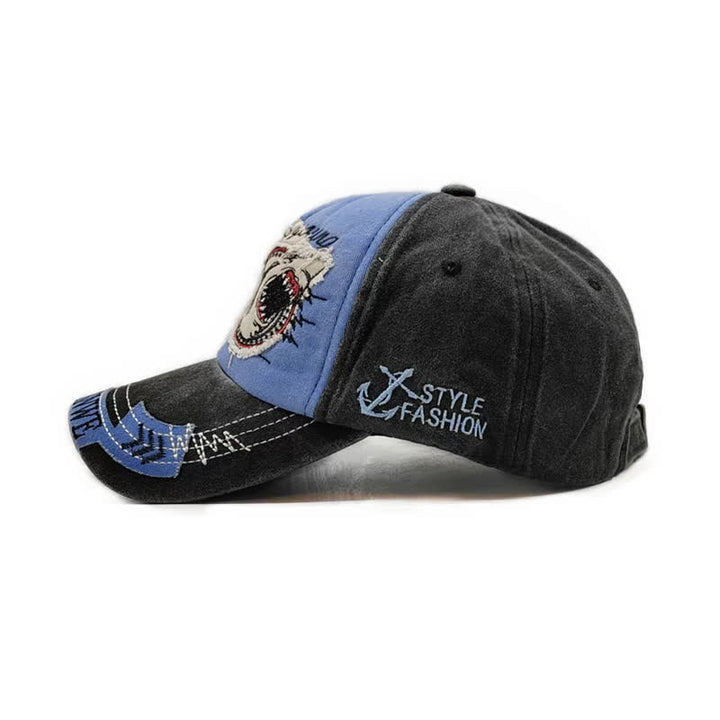 Shark Embroidered Retro Frayed Edge Washed Baseball Cap