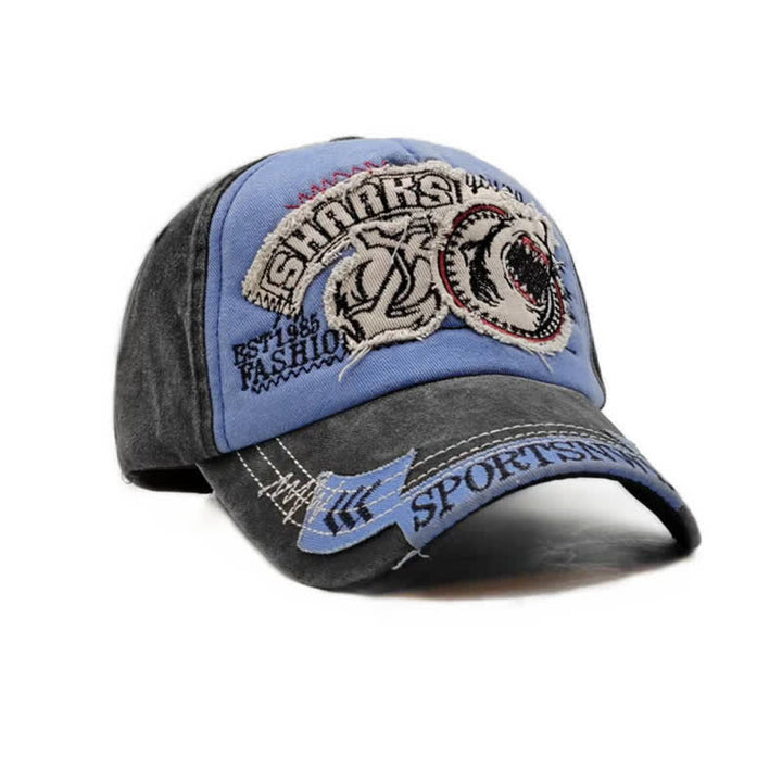 Shark Embroidered Retro Frayed Edge Washed Baseball Cap