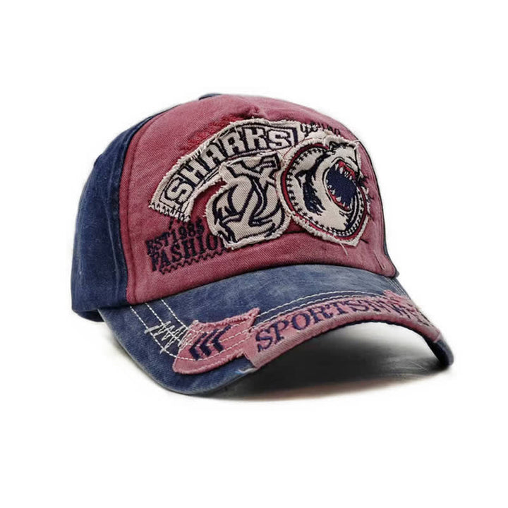 Shark Embroidered Retro Frayed Edge Washed Baseball Cap