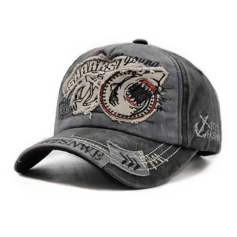 Shark Embroidered Retro Frayed Edge Washed Baseball Cap