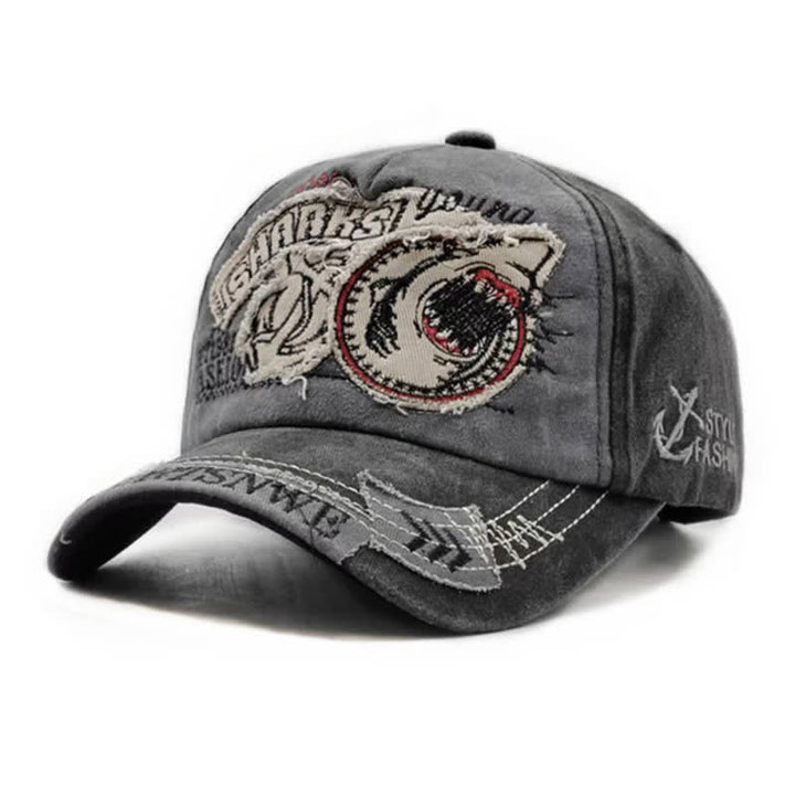 Shark Embroidered Retro Frayed Edge Washed Baseball Cap