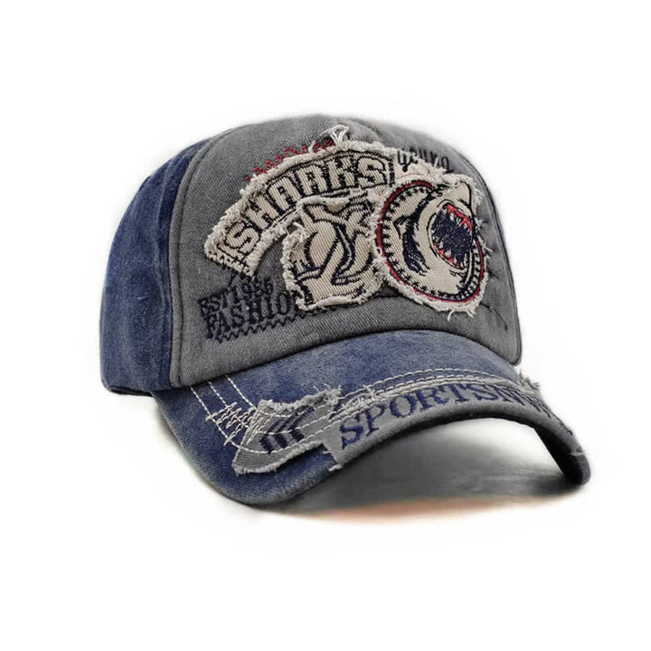 Shark Embroidered Retro Frayed Edge Washed Baseball Cap
