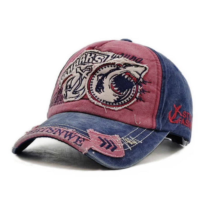 Shark Embroidered Retro Frayed Edge Washed Baseball Cap