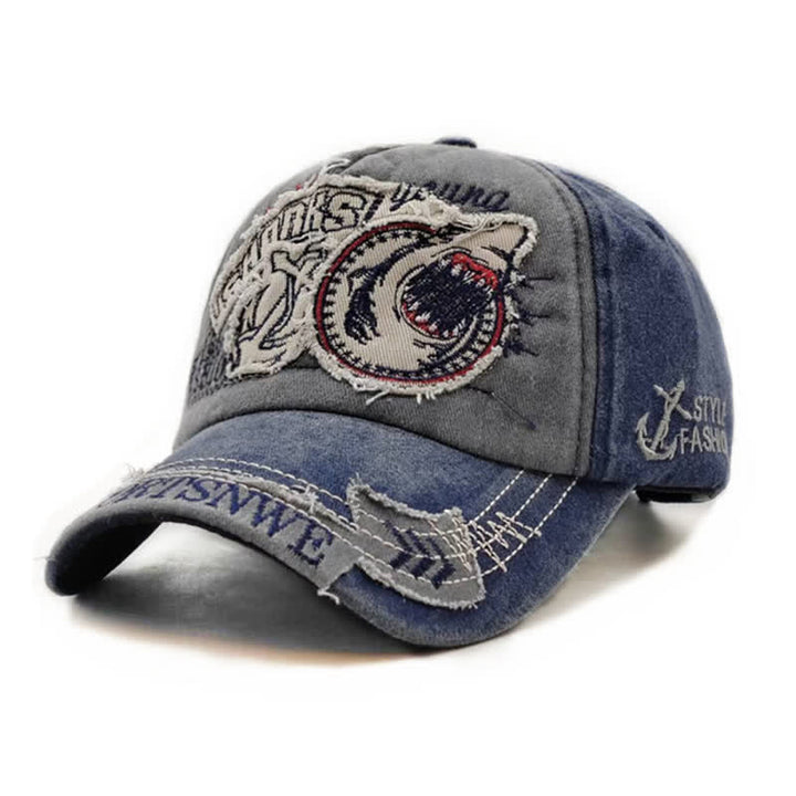 Shark Embroidered Retro Frayed Edge Washed Baseball Cap