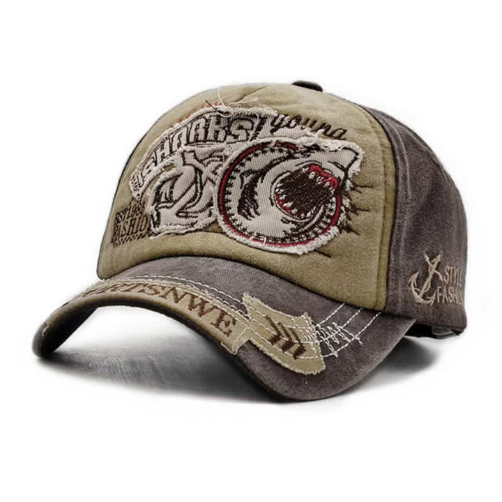 Shark Embroidered Retro Frayed Edge Washed Baseball Cap