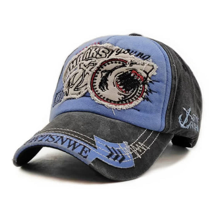 Shark Embroidered Retro Frayed Edge Washed Baseball Cap