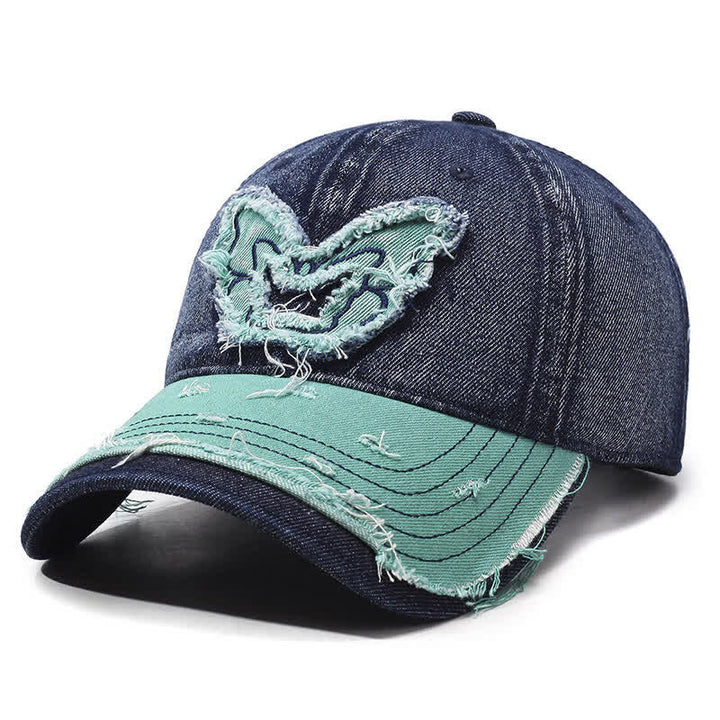 Butterfly Embroidered Retro Color Matching Washed Baseball Cap - Blue - Adjustable (22"-23 5/8") - image 6