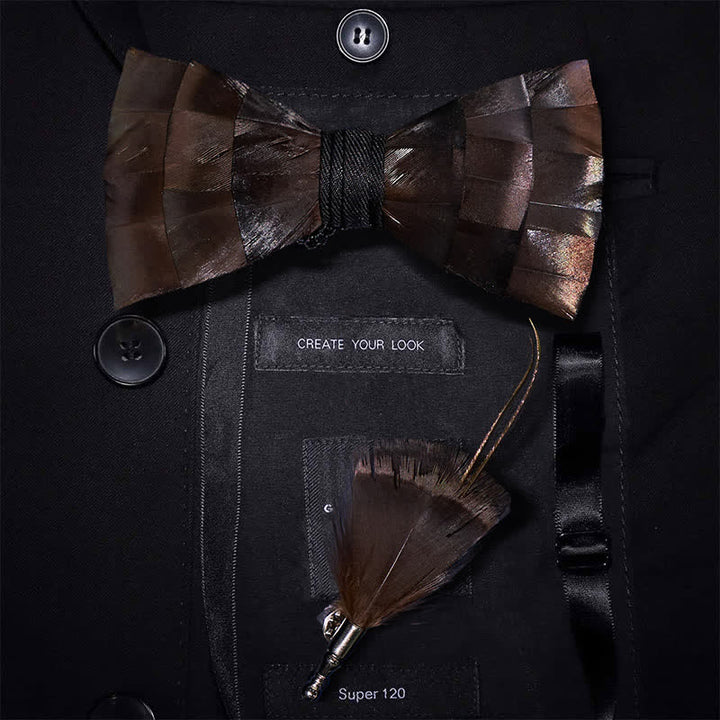 Light Copper Feather Bow Tie with Lapel Pin