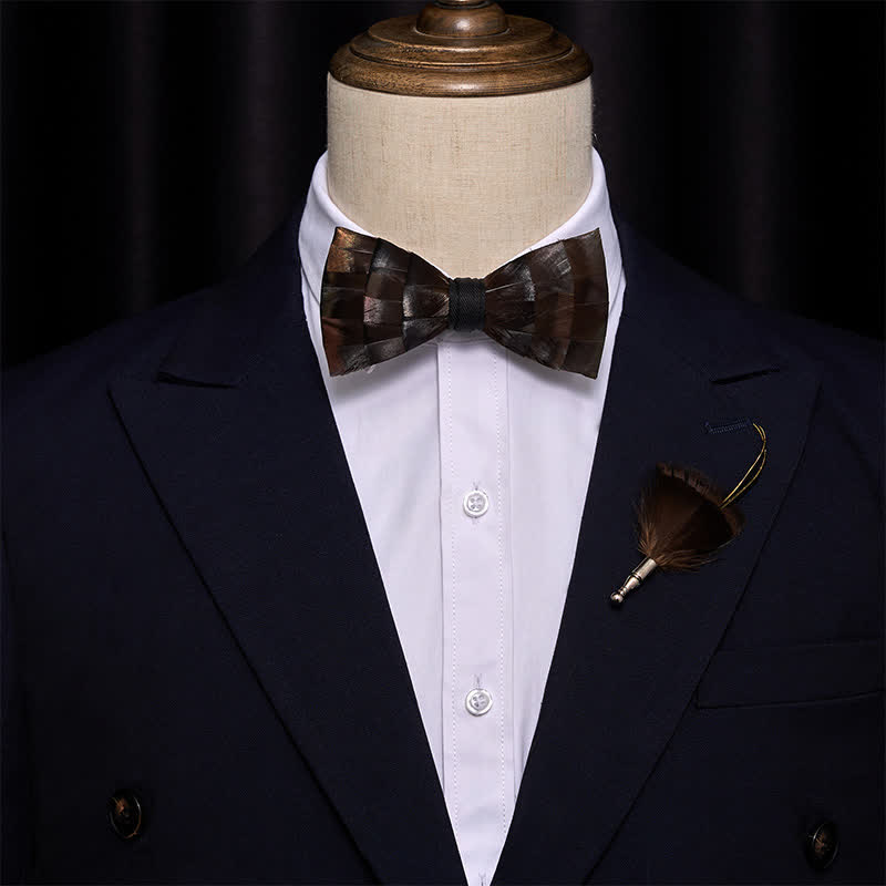 Light Copper Feather Bow Tie with Lapel Pin
