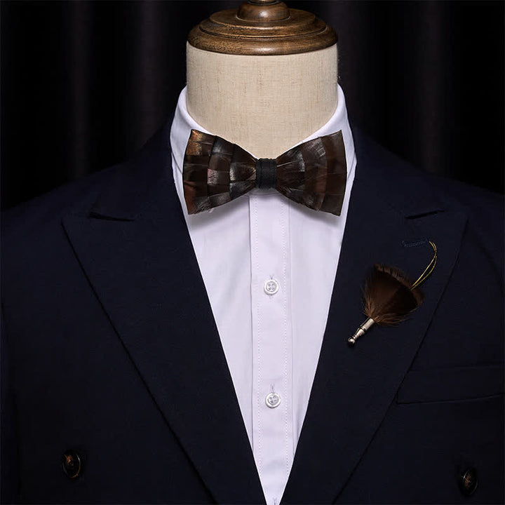 Light Copper Feather Bow Tie with Lapel Pin - image 1