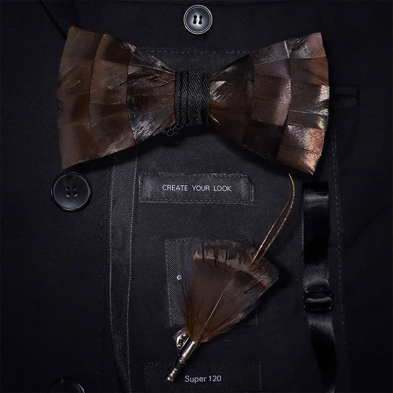 Light Copper Feather Bow Tie with Lapel Pin - Light Copper - image 0