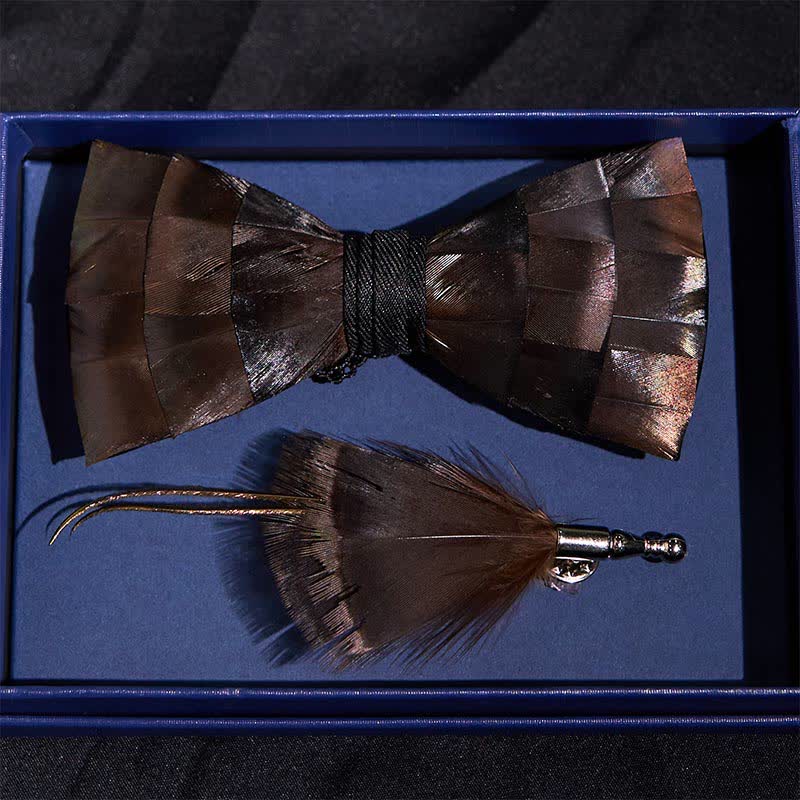 Light Copper Feather Bow Tie with Lapel Pin