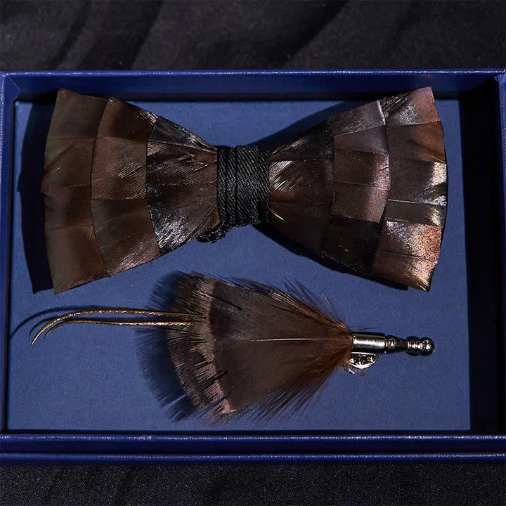 Light Copper Feather Bow Tie with Lapel Pin