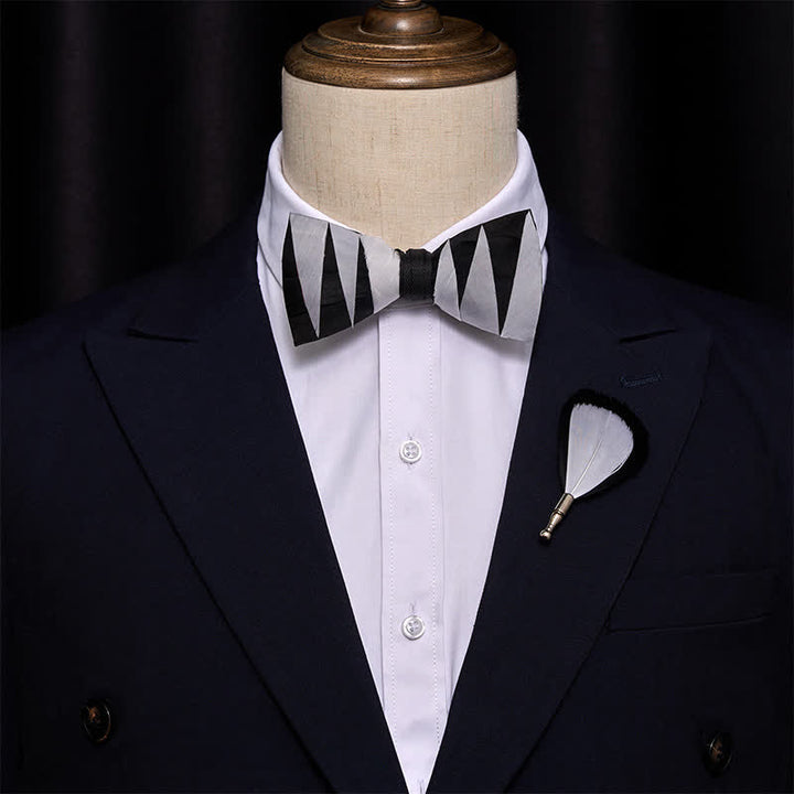 White And Black Feather Bow Tie with Lapel Pin