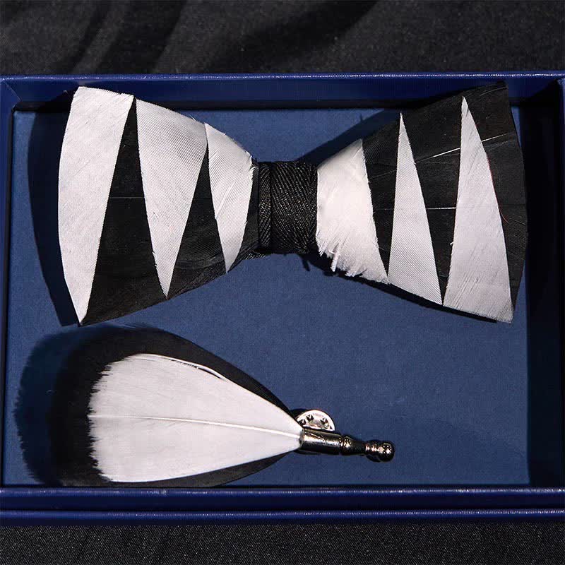 White And Black Feather Bow Tie with Lapel Pin - image 2