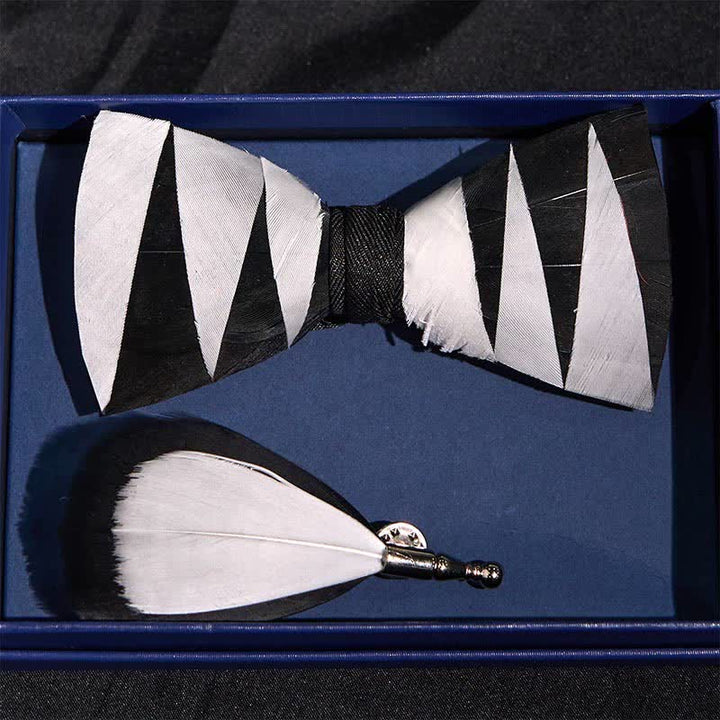 White And Black Feather Bow Tie with Lapel Pin - image 2