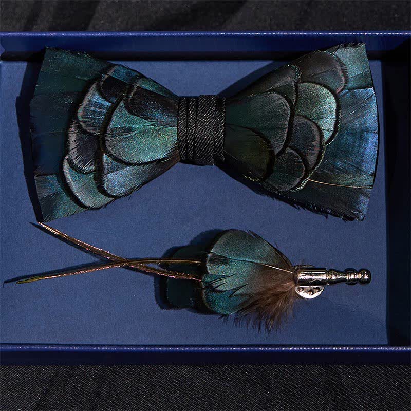 Slate Blue Feather Bow Tie with Lapel Pin - image 2