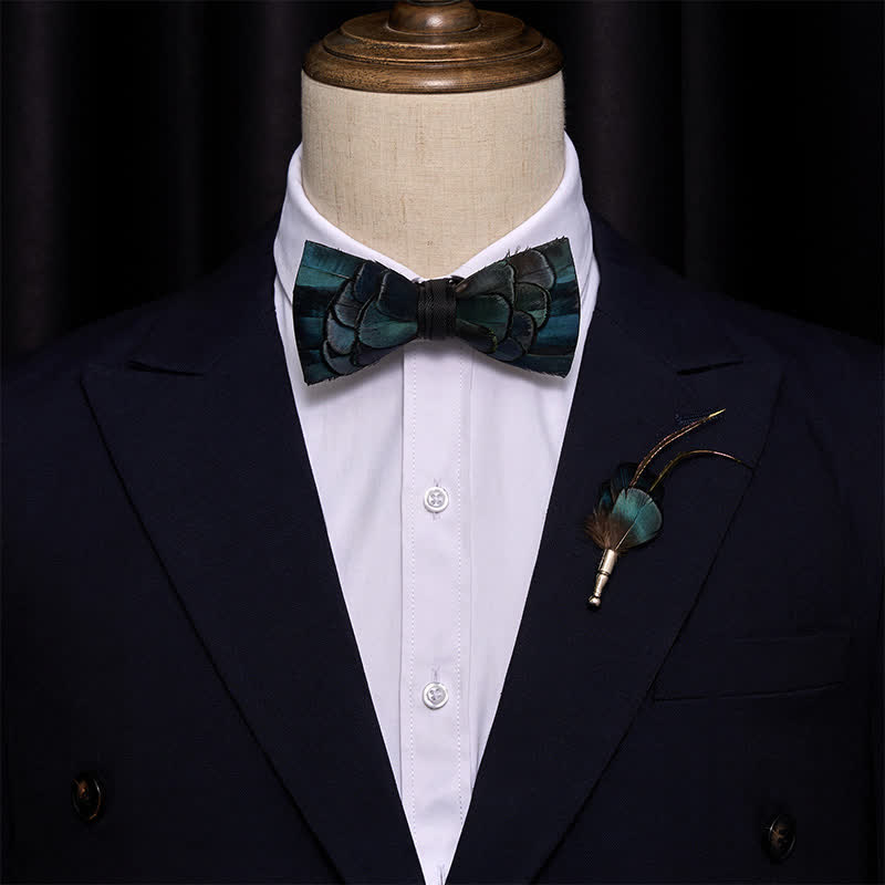 Slate Blue Feather Bow Tie with Lapel Pin - image 1