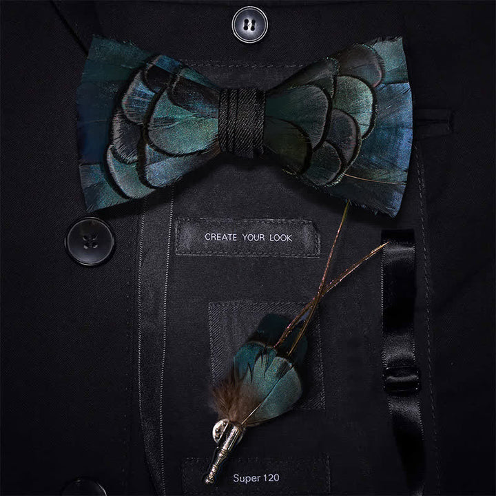 Slate Blue Feather Bow Tie with Lapel Pin - Blue - image 0