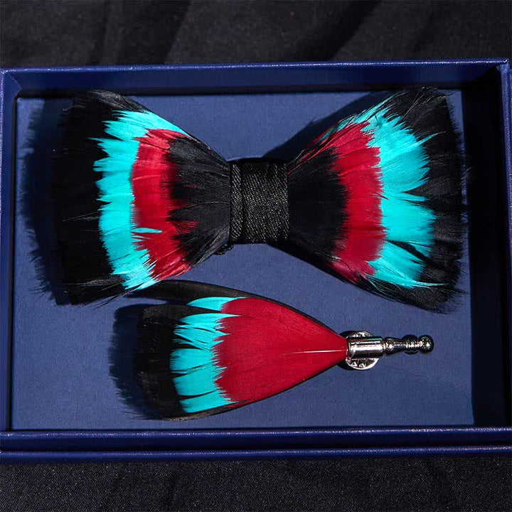 Turquoise Wine Feather Bow Tie with Lapel Pin - image 2