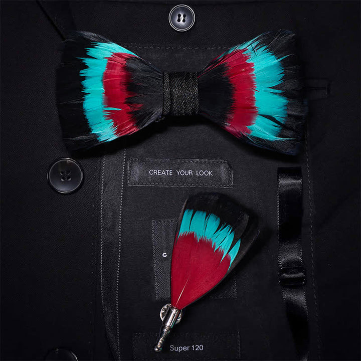 Turquoise Wine Feather Bow Tie with Lapel Pin
