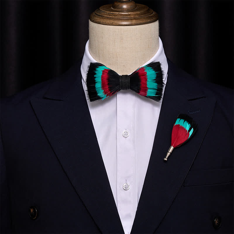 Turquoise Wine Feather Bow Tie with Lapel Pin - image 1