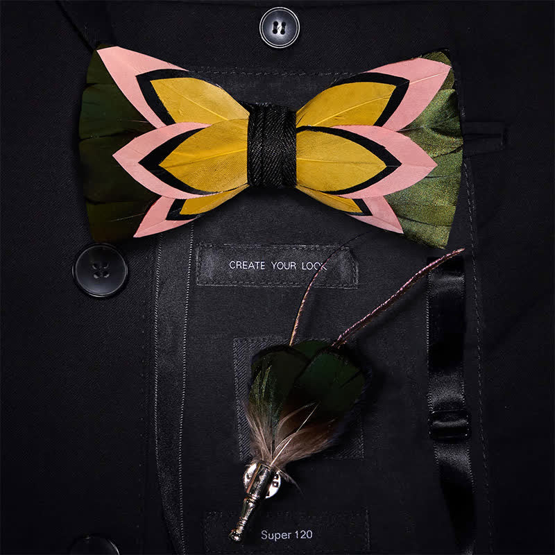 Iridescent Black Feather Bow Tie with Lapel Pin - Iridescent Black - image 0
