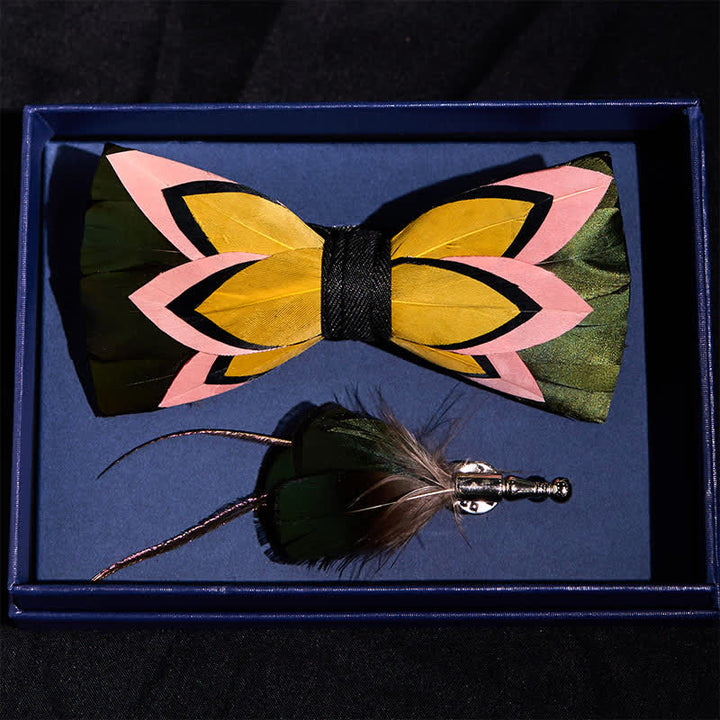 Iridescent Black Feather Bow Tie with Lapel Pin - image 2