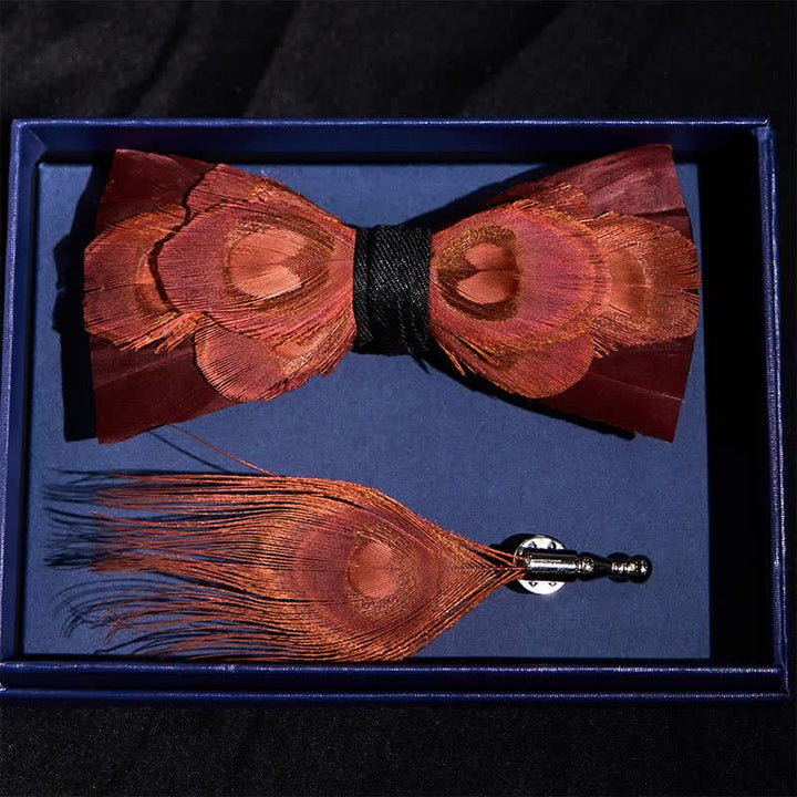 Burgundy Golden Feather Bow Tie with Lapel Pin