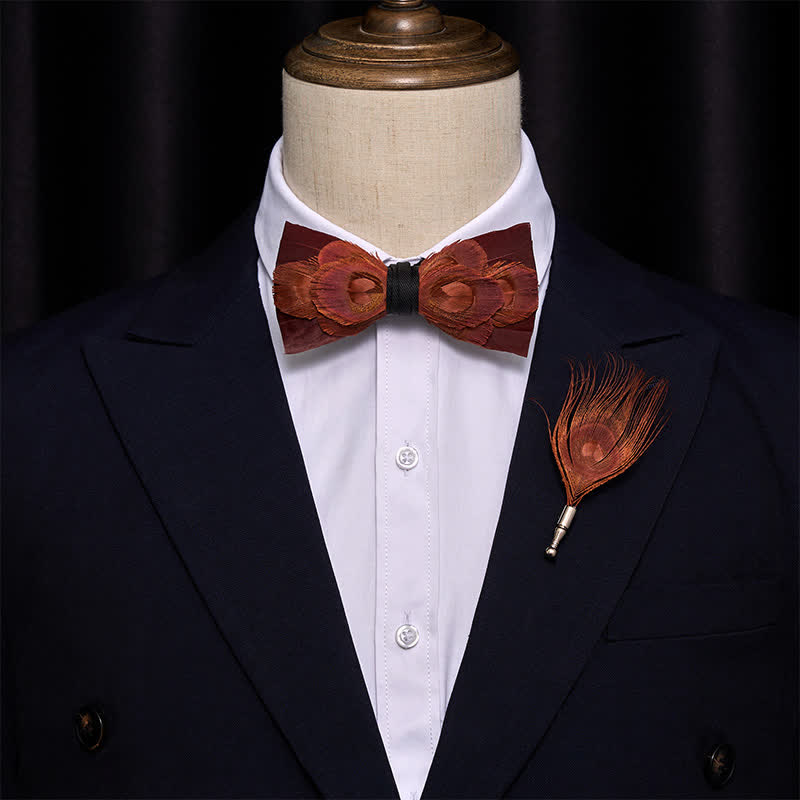 Burgundy Golden Feather Bow Tie with Lapel Pin