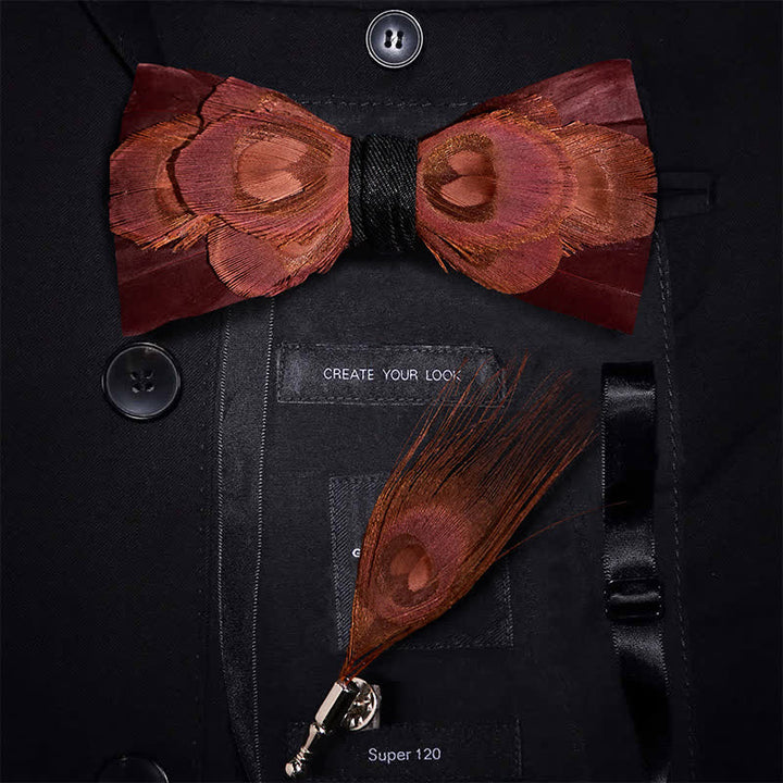 Burgundy Golden Feather Bow Tie with Lapel Pin