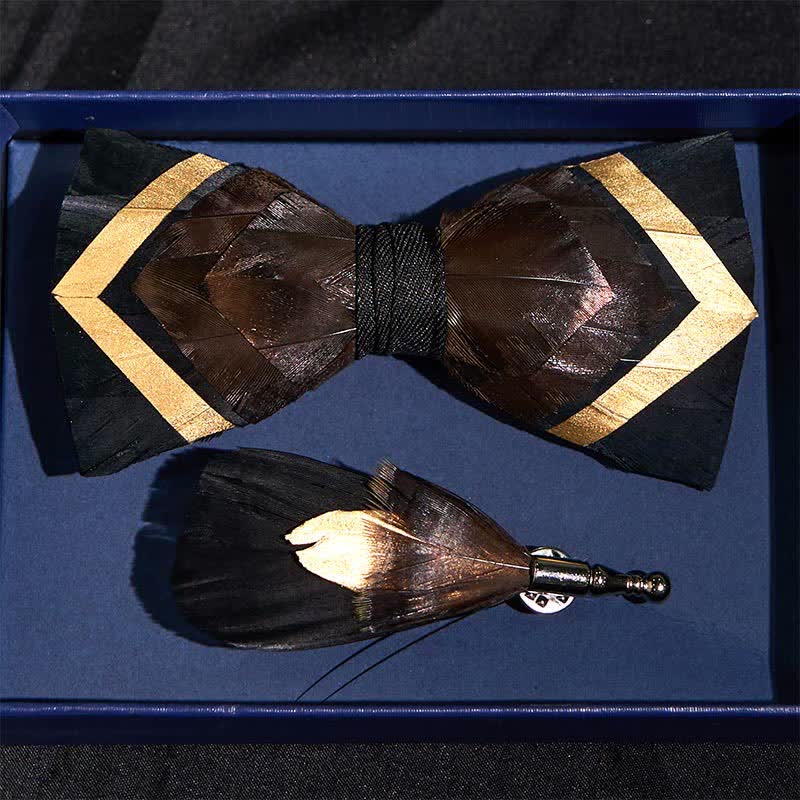 Iridescent Copper Feather Bow Tie with Lapel Pin