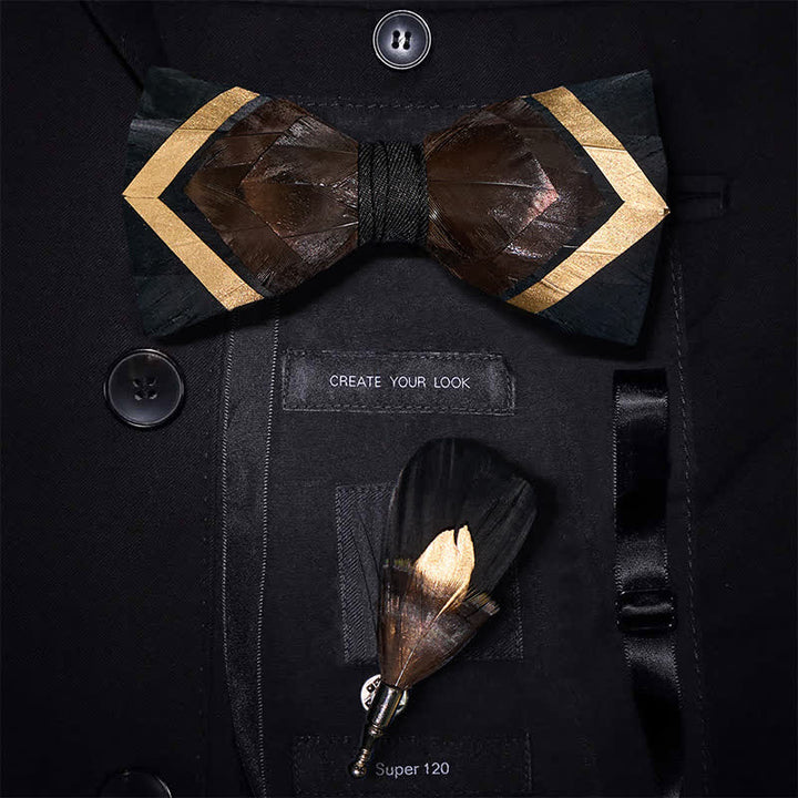 Iridescent Copper Feather Bow Tie with Lapel Pin - Copper - image 0