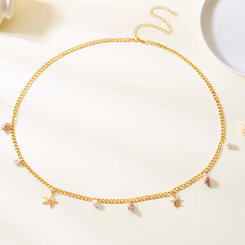 Women's Bohemian Summer Starfish Conch Shell Faux Pearl Waist Chain