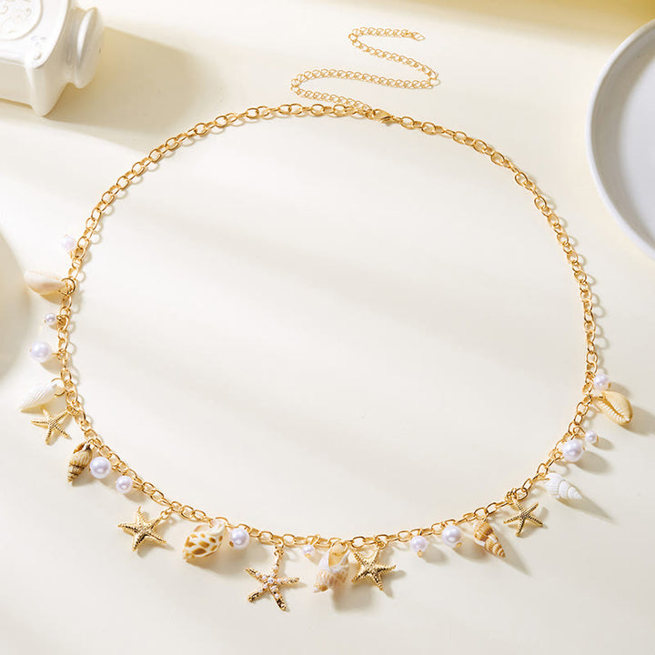 Women's Bohemian Summer Starfish Conch Shell Faux Pearl Waist Chain