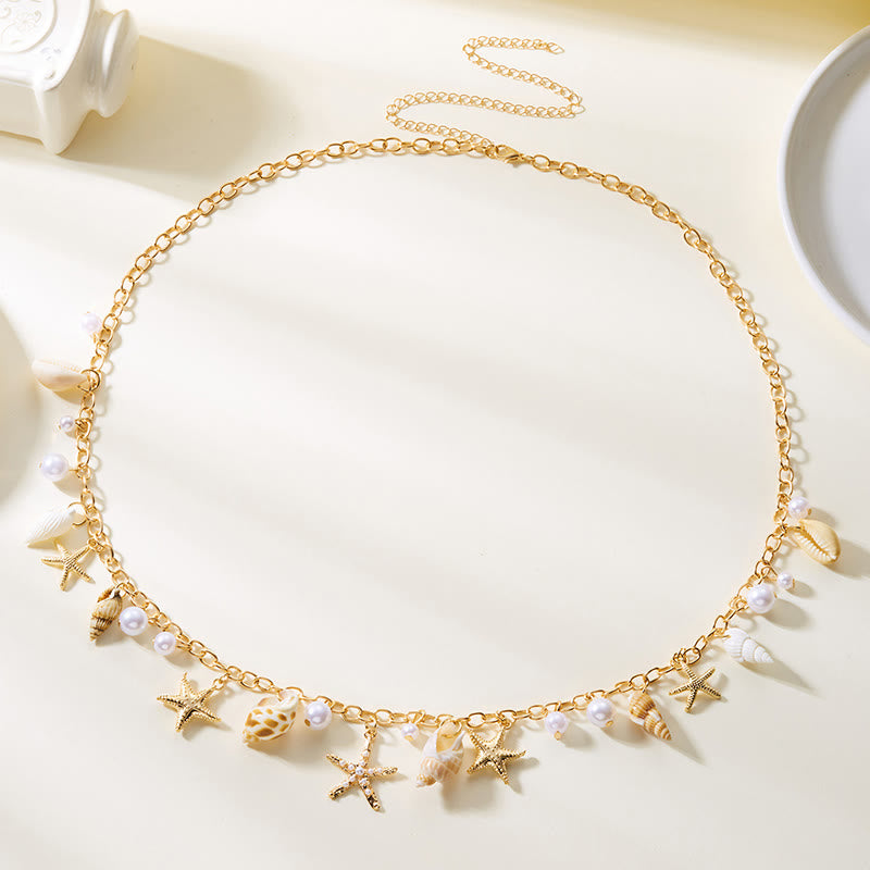 Women's Bohemian Summer Starfish Conch Shell Faux Pearl Waist Chain - image 2