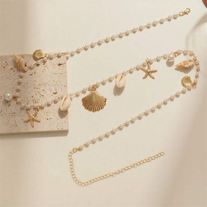 Women's Bohemian Beach Starfish Conch Shell Faux Pearl Waist Chain - image 2