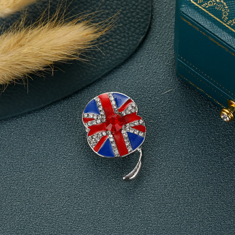 Poppy Flower Shape Enamel British Flag Brooch - Silver - image 0