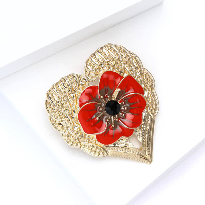 Luxury Enamel Poppy Flower Gold Heart Brooch