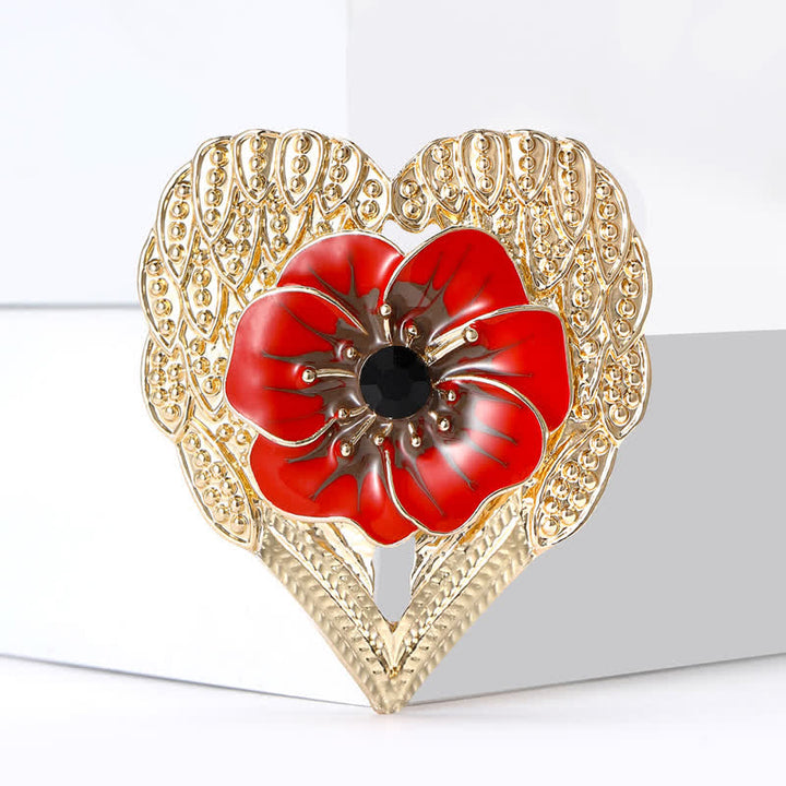 Luxury Enamel Poppy Flower Gold Heart Brooch
