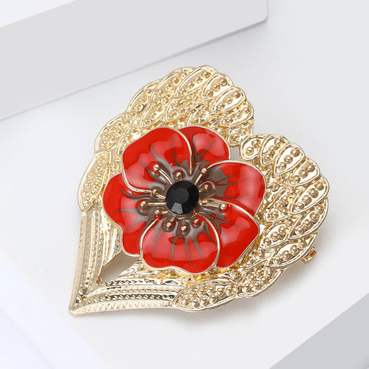 Luxury Enamel Poppy Flower Gold Heart Brooch
