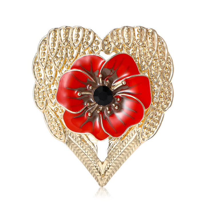 Luxury Enamel Poppy Flower Gold Heart Brooch