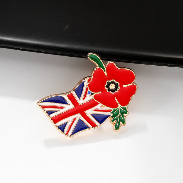 Remembrance Day Enamel Poppy Flower British Flag Brooch