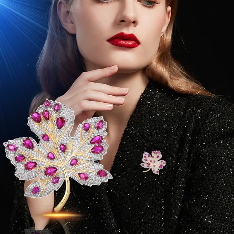 Women's Maple Leaf Pink & White Crystal Brooch - image 1